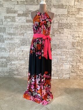 NWT Eliza J Floral Chiffon Gold Halter Maxi Dress Size 12